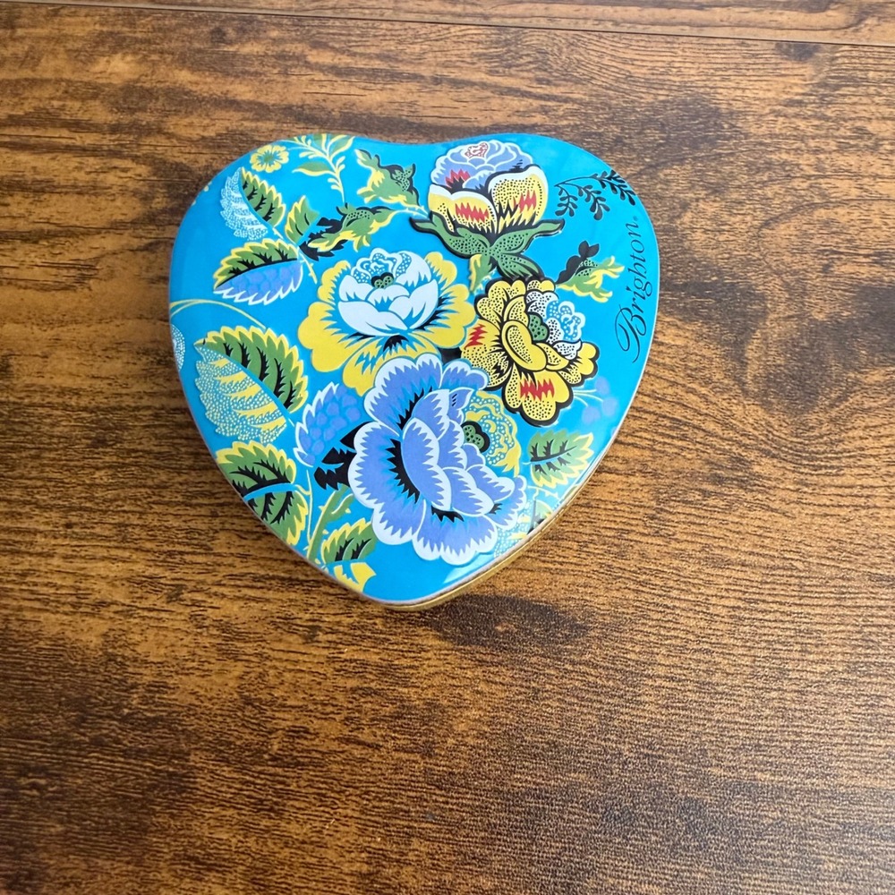 Brighton Heart Shaped Floral Jewelry Trinket Tin Blue Yellow Flower Gift Box